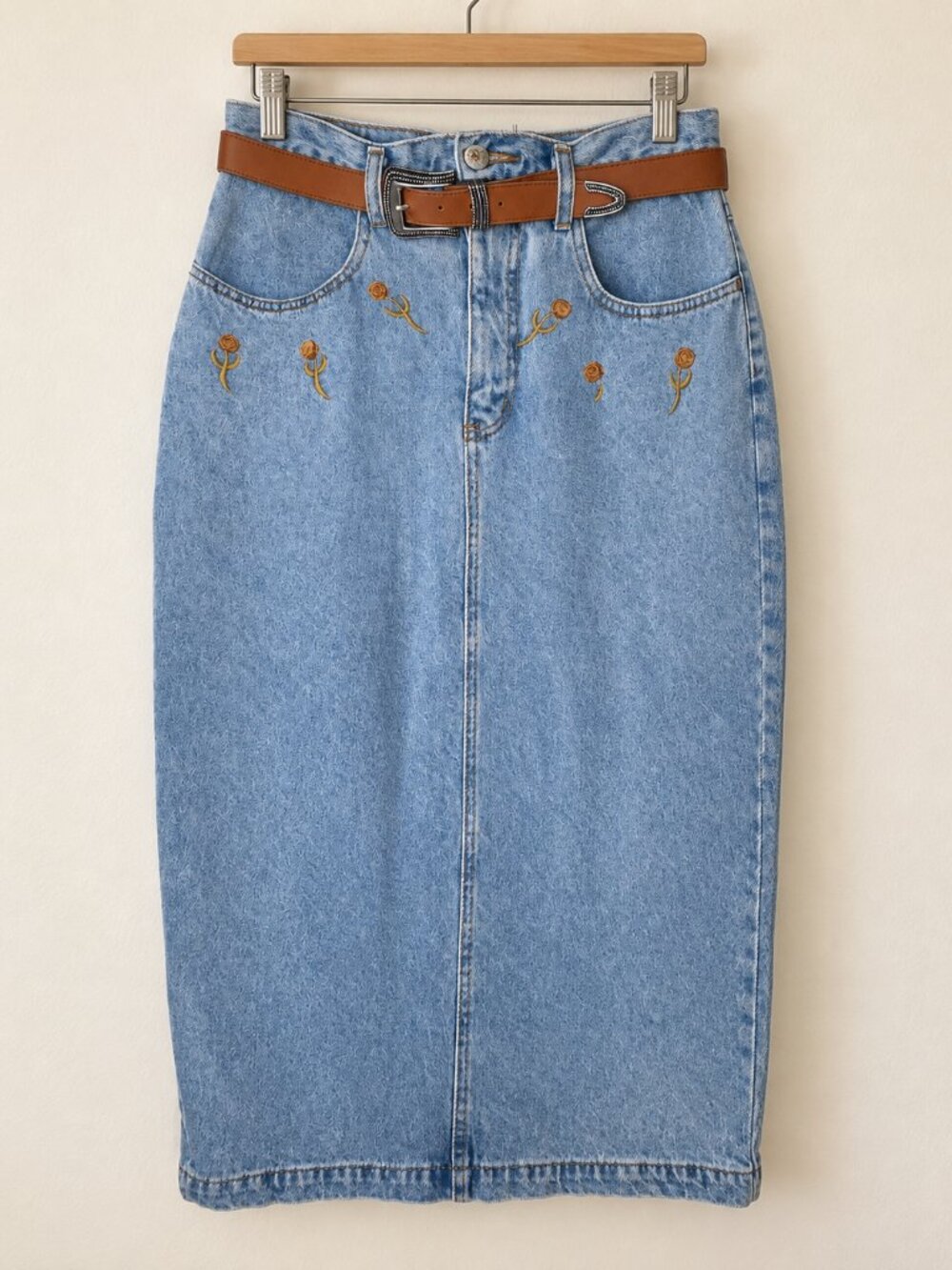 Vintage Zana Di Denim Midi Skirt Size 14 Floral Embroidered and Western Belt NWT